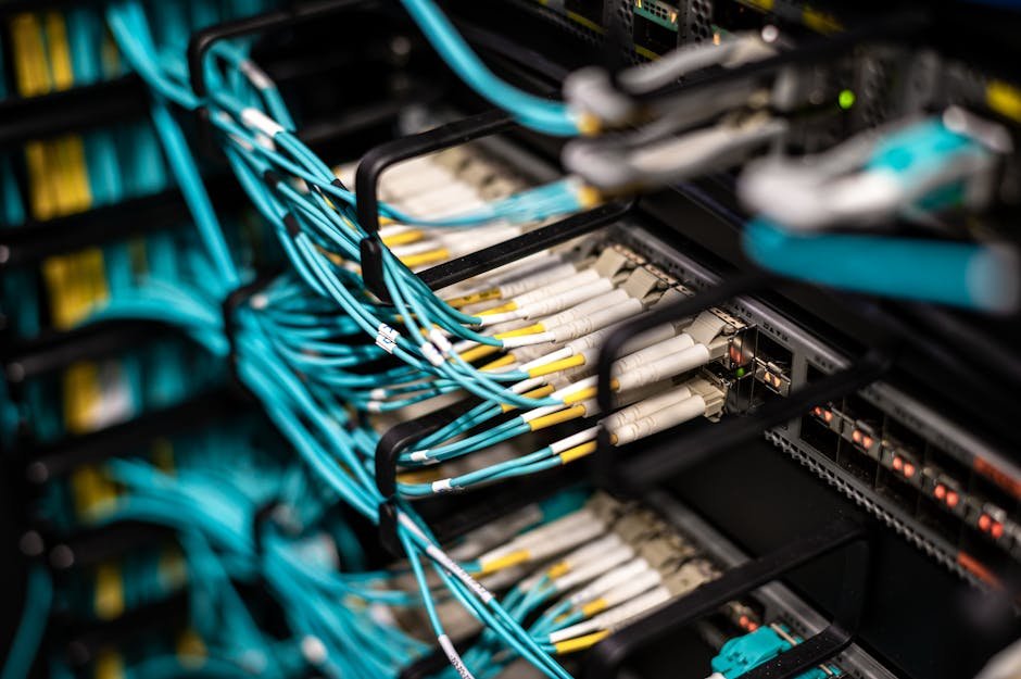 Patch panel d'une baie de brassage en datacenter, câbles ethernet bleus rangés et étiquetés